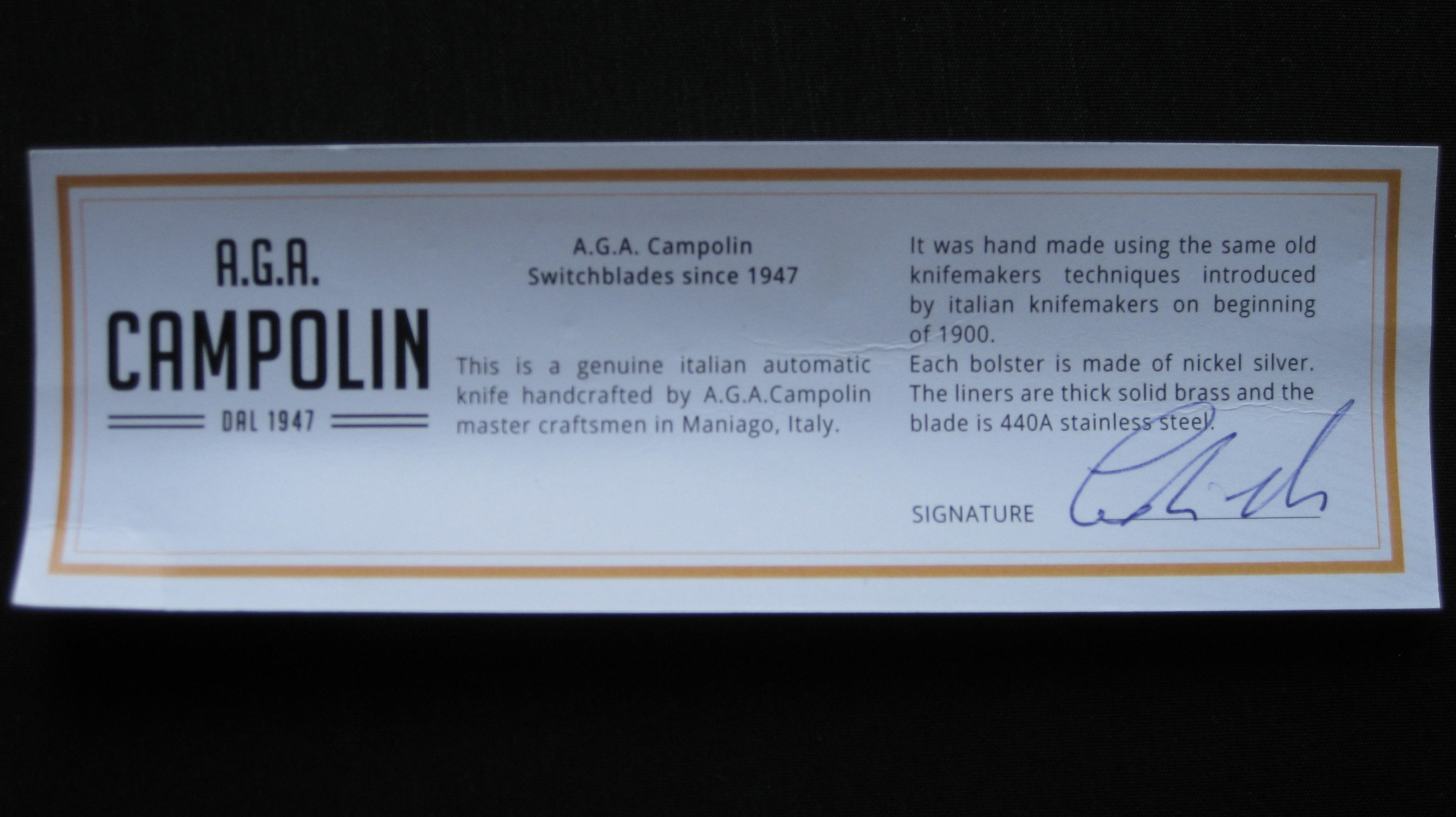 certificate of authenticity AGA Campolin