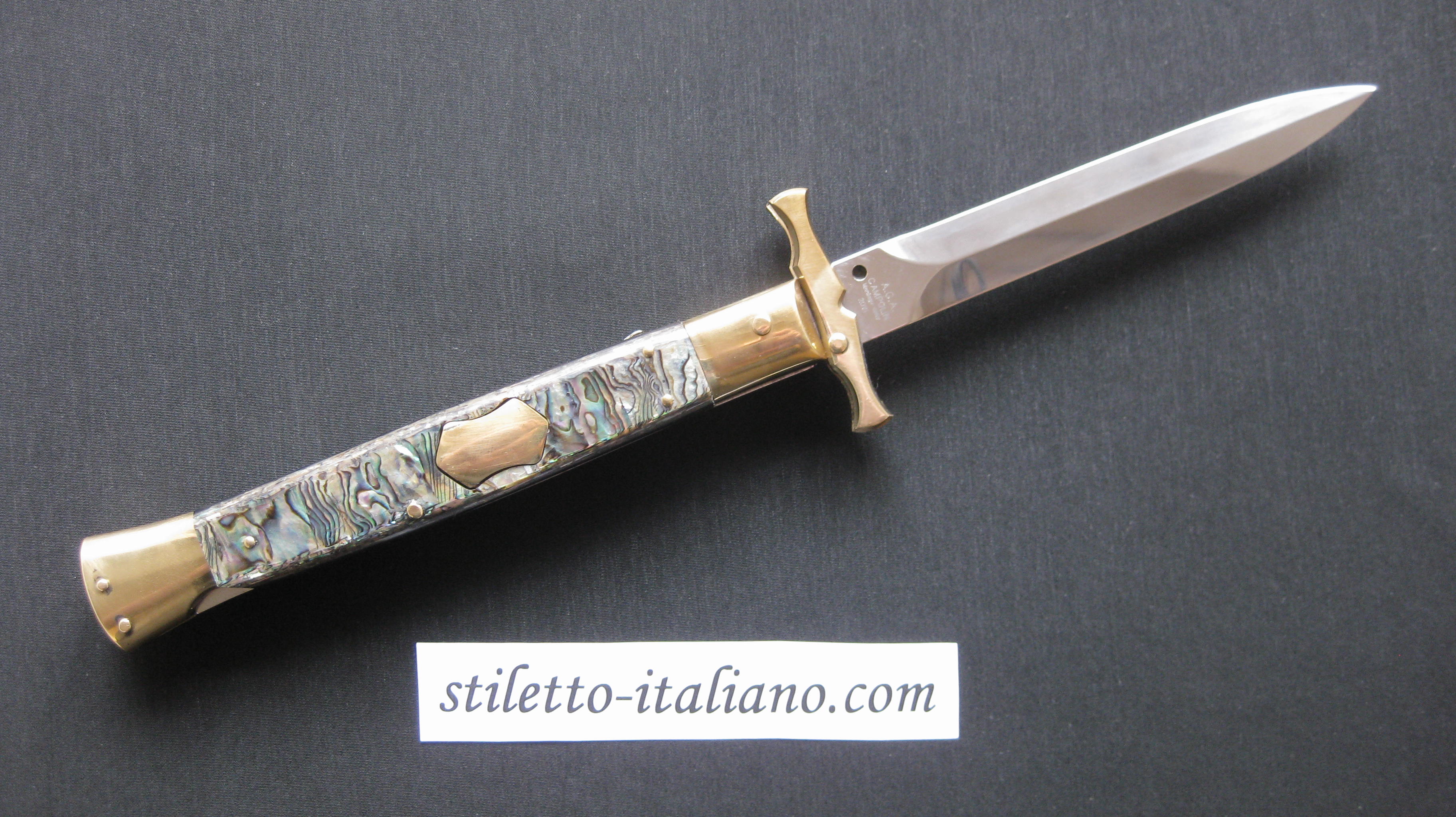 Stiletto 13 Swinguard Brass Batwing Dagger Abalone Shield Button AGA Campolin