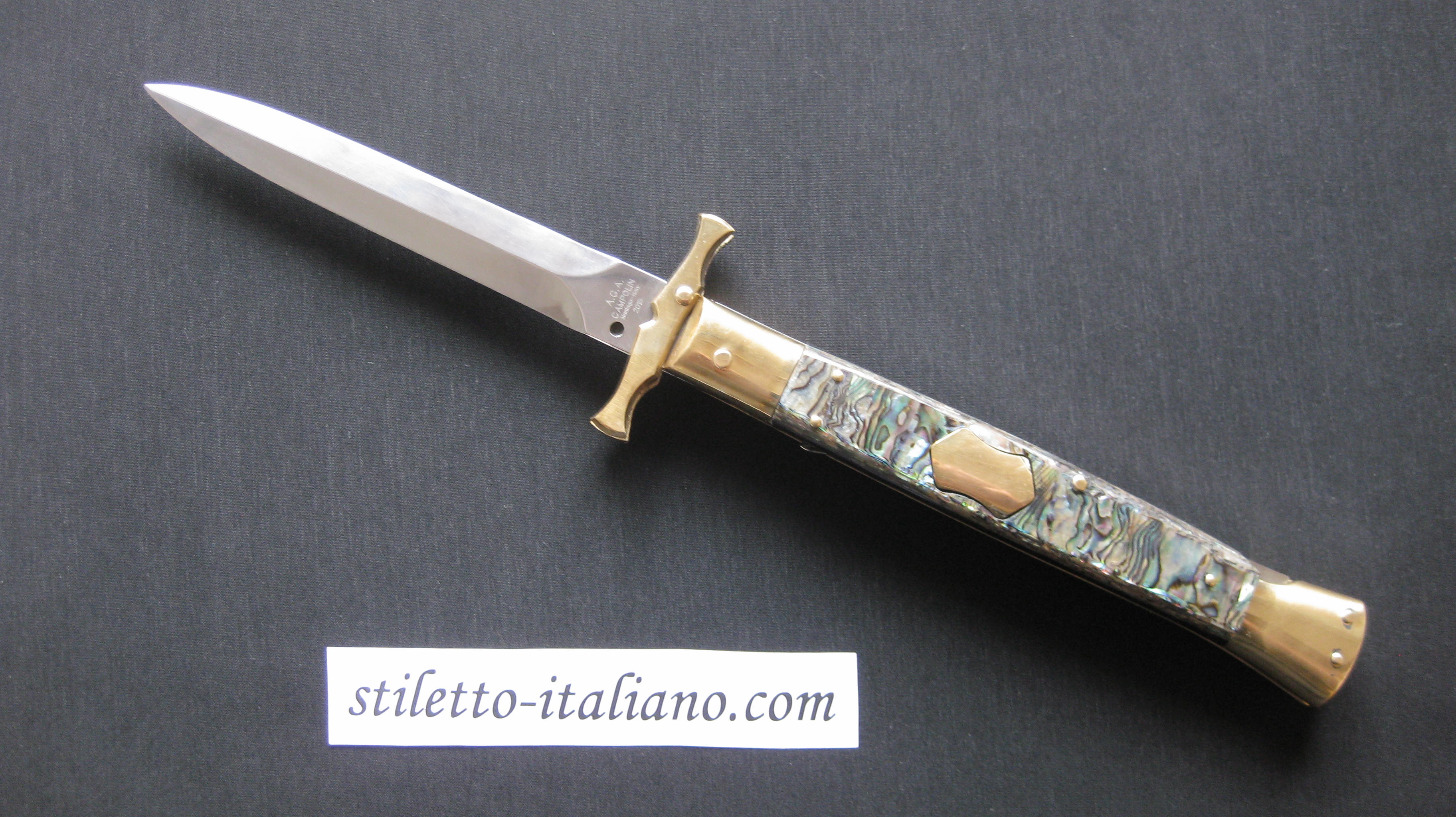 Stiletto 13 Swinguard Brass Batwing Dagger Abalone Shield Button AGA Campolin